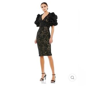 Mac Duggal Black Lace Puff Sleeve Midi Dress
